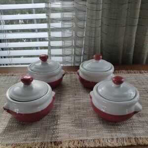 French Onion Soup Bowls Set of 4 Vintage Lugged Lidded Chili Bowls Dbl Handle 6"